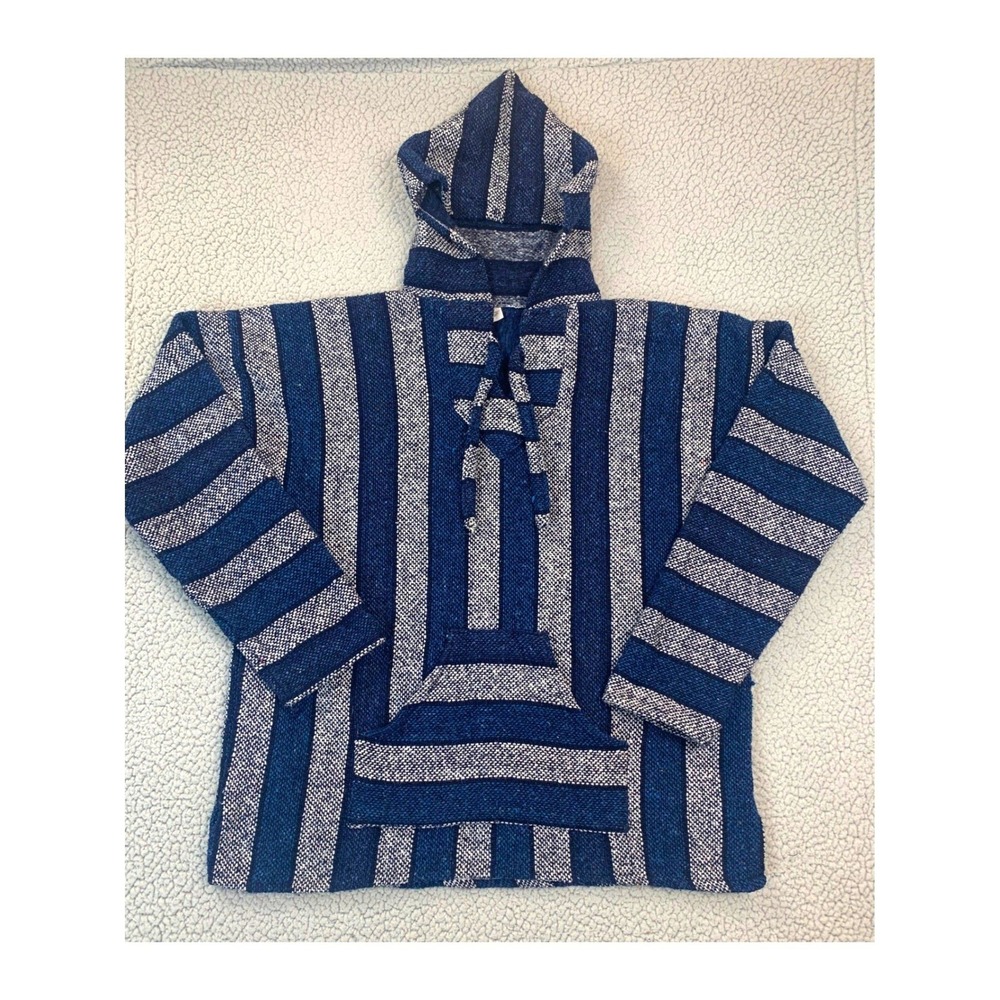 Baja Hoodie Mens XL Blue Striped Mexican Pullover Drug Rug Surf‎ Hippie Boho